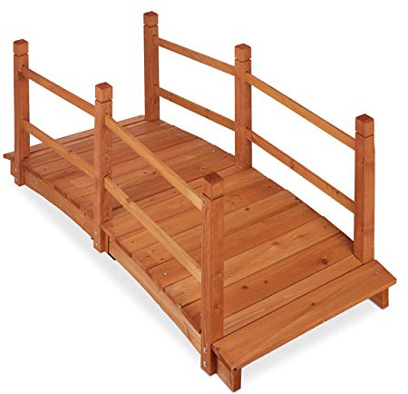 Relaxdays Teichbrücke, mit Geländer, begehbar, Teichübergang, Garten Dekoration, Holzbrücke, HxBxT: 56x140x60 cm, orange