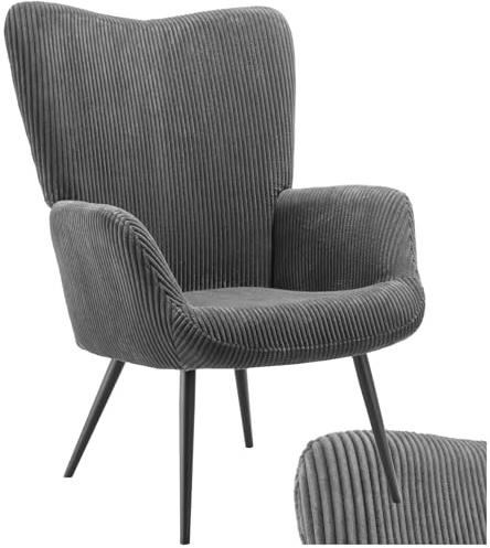 tectake® Skandinavischer Stil Ohrensessel, Sessel Hygge mit Breitcordbezug, Sessel Wohnzimmer, Schlafzimmer, Esszimmerstuhl, Statement Piece Loungesessel, belastbar bis 150 kg - anthrazit/schwarz