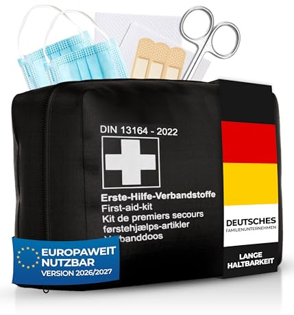 Thomatex® KFZ Verbandstasche 2026/2027 [DIN 13164-2022] – Kompakter Verbandskasten – Lange Haltbarkeit – Erste-Hilfe-Set, StVO-konform – Schwarz