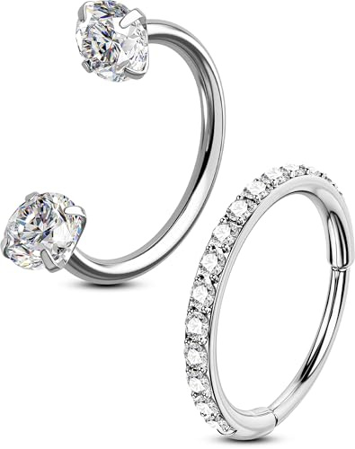 OUFER Body Piercing 2pcs 316L Stainless Steel Nose Ring Hoops 20G Threadless Horseshoe Nose Nostril Piercings Jewellery Sets Hinged Segment Helix Septum Lip Eyebrow Rook Daith Earrings 7/8mm