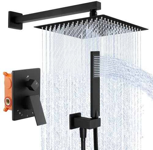 KES Unterputz Duscharmatur Set Schwarz Duschset Duschsystem 12 Zoll Duschkopf Regendusche mit Duschschlauch Handbrause Ventilkörper Hochdruck Dusche Armatur Set Wandmontage, X6230S12-BK
