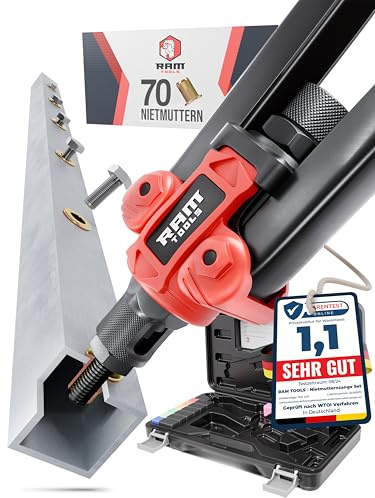 RAM TOOLS® Nietmutternzange, Nietzange Set inkl. 70 Nietmuttern, MIT Bohrloch/-größentabelle, Dorne in M3 M4 M5 M6 M8 M10 M12, Profi Blindnietmutternzange