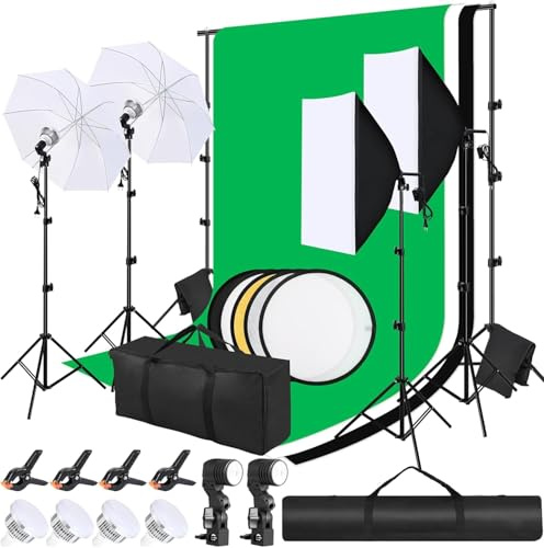 2 Stück Softbox Set, LED Softboxen Profi Fotostudio Set, 2,6 x 3 m Hintergrund mit Lampenstativ, Weißer Soft Light Umbrella, Reflektor für Porträts, Produktfotografie und Videoaufnahme