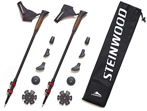 Steinwood Premium 100% Carbon Nordic Walking Stöcke verstellbar mit Teleskop und Klemmverschluss mit extra Gummipuffer und Tragebeutel, Mehrfarbig