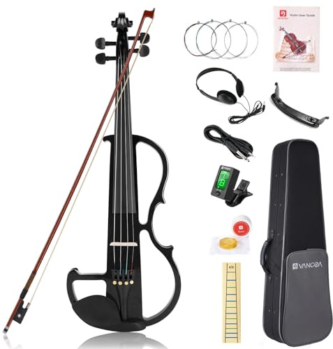 Vangoa 4/4 Elektrische Violine E Geige aus Massivem Holz Electric Stille Violine in Volle Größe mit Kolophonium, Tragetasche, Audiokabel, Schulterstütze, Bogen, Schwarz