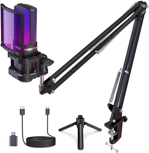 zealsound USB Mikrofon mit Arm & Stativ, Kondensator Mikrofon für Podcast | Mit Mute, Gain-Regler & Echtzeit-Monitoring für Streaming & Aufnahmen, mit Popfilter, Shock Mount, USB-C- & Lightning-Adapter