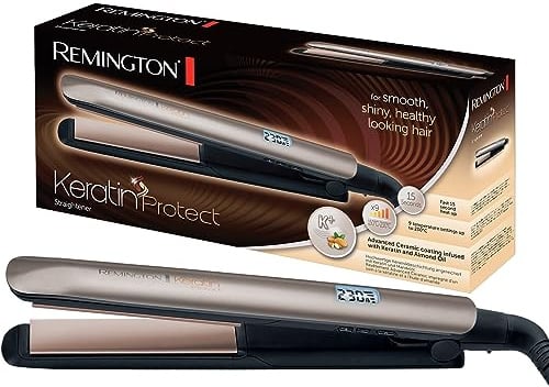 Remington Glätteisen [hochwertige Beschichtung] Keratin (Keramikbeschichtung mit Keratin & Mandelöl angereichert) LCD-Display, 10 Temperatureinstellungen 150-230°C, Haarglätter S8540,Schwarz, 110 mm