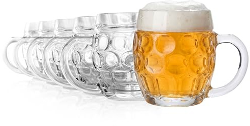 Oberglas Tübinger Augenkanne Bierkrug mit Schild / 6er Set Bierkrüge 400 ml mit Füllstrich / Stabiler Bier Krug / Biergläser aus Soda Lime Glas / Bierseidel Spülmaschinengeeignet