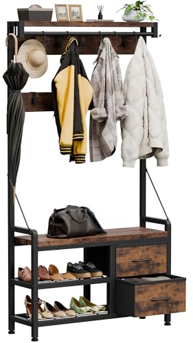 Garderobenständer mit Bänken und 2 Schubladen, Kleiderständer Freistehendes | Braun, 30T x 80B x 180H cm, Schuhregal, Abnehmbaren 17 Hake, 5 In 1 Design, Metallrahmen, Flur, Wohnzimmer, Eingänge