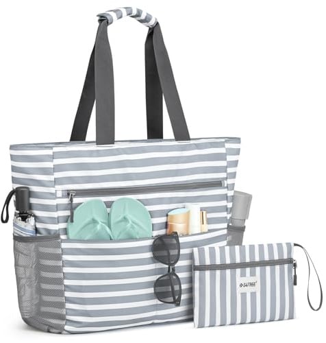 G4Free 35L Strandtasche XXL Familie & Badetasche Faltbar Groß/Wasserdicht/Leicht für Shopping Strandurlaub und Schwimmbäder, Graue Streifen