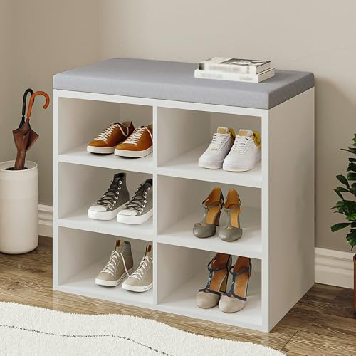 Hzuaneri Schuhbank, Schuhregal mit Sitzfläche, Sitzbank mit Stauraum, Kissen, 6 Fächer, 30 x 60 x 52,7 cm, verstellbare Ablagen, für Wohnzimmer, Flur, Schlafzimmer, weiß-grau SB09903X