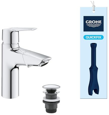 GROHE Start, Badarmatur für Familien, wassersparend (herausziehbarer Wasserhahn für das Bad, mit Pop-Up Ablauf, 19cm hoch, mit 3in1 Werkzeug, einfache Installation am Waschbecken), chrom, 24205003