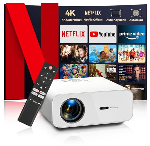Smart Beamer 4K【Offiziell lizenzierte App】 Autofokus & Auto Keystone Mini Projektor,WiFi6 Bluetooth5.2 Video Projektor, 28000 Lumen Full HD 1080P Beamer 4K Heimkino