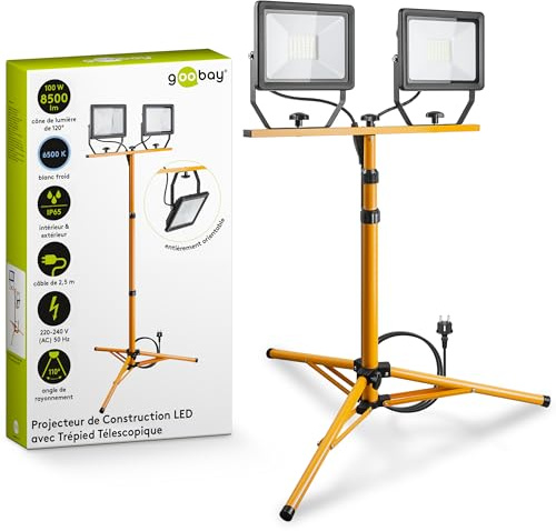Goobay 2 x 50W Baustrahler LED mit Stativ einstellbar und 2,5m Kabel für Baustelle, Werkstatt oder Keller - IP65 Baulampe LED für Innen- & Außenbereich - Strahler 2x8500 Lumen kaltweißes Licht 6500K