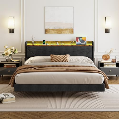 IRONCK Polsterbett 180x200 cm mit LED-Beleuchtung und Ladestation, Bett 180x200 mit Stauraum, Doppelbett Bettgestell mit Lattenrost, Schwebebett, Grau (2 AC-Steckdosen, 1 USB & Typ-c-Anschlusse)