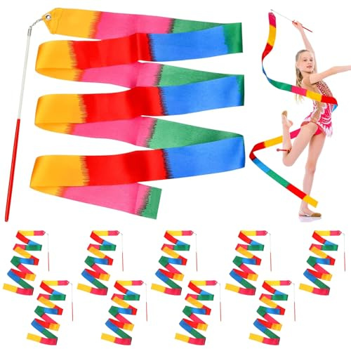 YOUNGSAY 10 Stk 2M Gymnastikband mit Stab, Regenbogen Gymnastikband Kinder | Leuchtende Farben, Nicht leicht zu verblassen, Flexible Steuerung für Tanz, Gymnastik und Künstlerische Darbietung