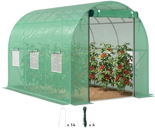 Outsunny Gewächshaus 200x300x200cm Tomatenhaus mit Tür, 6 Fenster Grün | Foliengewächshaus, Folientunnel aus Verzinktem Stahl, 170g/m² PE, Treibhaus inkl. Erdanker & Seilen