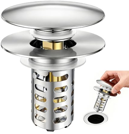 HUAERSICO Waschbeckenstöpsel Pop Up Edelstahl Abflusssieb, Universal Abflussstopfen mit Sieb für Waschbecken (28,5-55 mm Loch-Ø), Messing Kern, Anti-Verstopfung