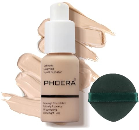 PHOERA Foundation,Matte Flüssig Foundation mit voller Deckkraft,24H langanhaltend Make-up,wasserfest,ideal für reife Haut,deckt Hautunreinheiten,Rötungen,für Alltag,Party (102# Nude)
