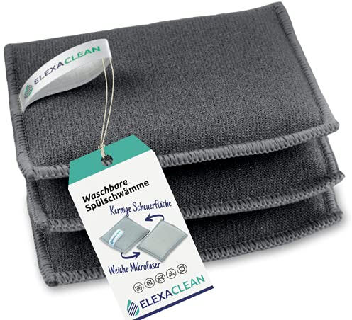 ELEXACLEAN Spülschwamm Mikrofaser waschbar, 3er Set, 10x8 cm, Anthrazit | Küchenschwamm mit rauer Scheuerseite, wiederverwendbarer Topfreiniger zum Wenden, für Küche, Bad, Auto, 60 °C waschbar