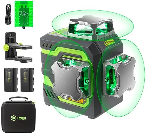 LasGoo LG-3D Linienlaser Selbstnivellierend 3x360°, Kreuzlinienlaser mit grünem Strahl für Konstruktion und Ausrichtung, 2 wiederaufladbare Li-Ion-Akkus (20 Std.), Magnetständer inklusive (Grün)