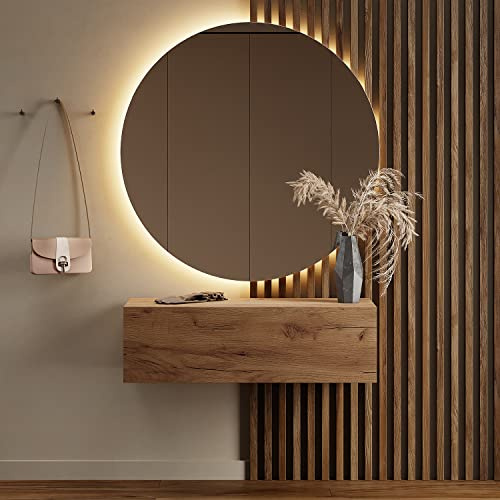 Planetmöbel Flurgarderobe 1x 100 cm | Spiegel rund mit Beleuchtung 100 cm, Gold Eiche, Flur Möbel mit Spiegel, 37,8T x 100B x 32,5H cm