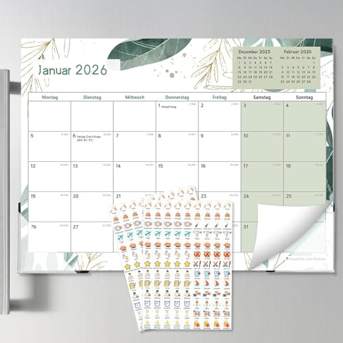 Koncci Magnet Kalender 2026, 18 Monate Kühlschrank Monatskalender (Januar 2026 bis Juni 2027), Monatsplaner Familienkalender Wandkalender mit zwei Aufklebern, für zu Hause oder im Büro 30 x 21cm