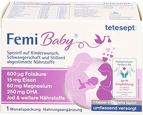 tetesept Femi Baby - Nährstoffe für Kinderwunsch, Schwangerschaft & Stillzeit - 16 Vitamine & Nährstoffe wie Folsäure, Eisen, Magnesium, DHA, Jod - 1 x Monatspackung à 30 Tabletten + 30 Kapseln