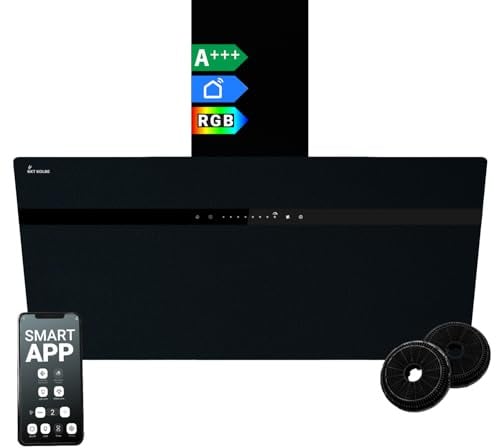 KKT KOLBE A+++ Dunstabzugshaube 90 cm 782 cbm/h Kopffreie Wandhaube Edelstahl schwarzes Glas WLAN RGBW-LED-Beleuchtung SensorTouch Bedienung STYLE9005SMAO