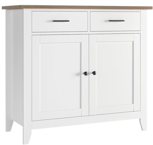 HOCSOK Küchenschrank mit Arbeitsplatte, Sideboard mit 2 Schubladen und 2 Türen, Buffetschrank für Küche, Wohnzimmer, Esszimmer, Flur, Holz, Landhausstil