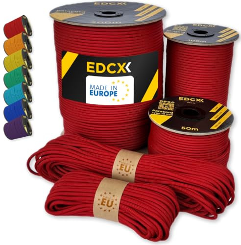 EdcX Paracord 4 mm, 35+ Volltonfarben (10 m, 15 m, 30 m, 50 m, 100 m, 300 m) | Ideal zum Basteln, Camping, Outdoor | 100% Nylonseil 4 mm| Nylon Paracord 550 Typ III (Red, 10 m)