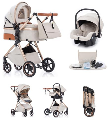 Kakbgee 3 in 1 Kinderwagen mit Babyschale, Faltbar Buggy, 7-fach höhenverstellbarem Griff, 4-Rad Federung, Regenschutz, Moskitonetz, Kombikinderwagen für Neugeborene 0-3 Jahre (15kg), Beige