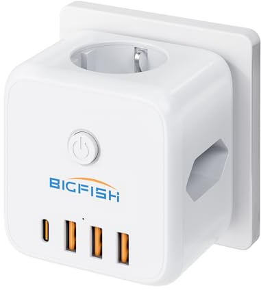 Bigfish Steckdosenleiste mit USB C, Mehrfachsteckdose mit 4 USB, Steckdosenwürfel ohne Kabel, Mehrfachstecker für Steckdose mit Schalter, 3 Fach Steckdosenadapter für Büro, Zuhause