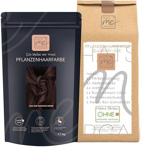 Thats me Organic® Profi Pflanzenhaarfarbe + Zubehörset (cool deep mahagony brown) – Bio Haarfarbe ohne Chemie – Haarfarbe für gesundes Haarefärben auch während Schwangerschaft und Stillzeit