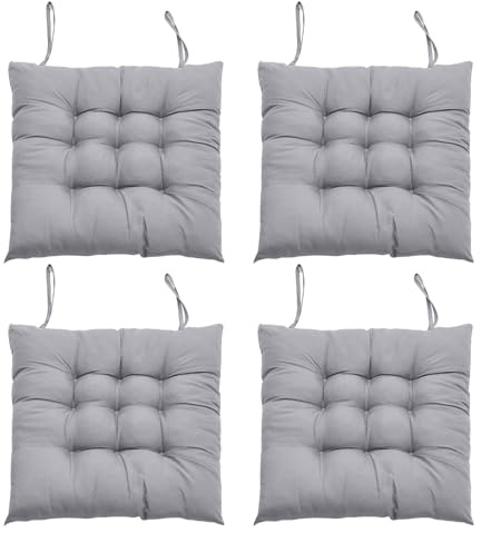 DKIEI 4er Set Stuhlkissen mit Bändern, Bequemes Sitzkissen 40x40 cm Stuhlauflage für Bürostuhl, Gartenstuhl, Balkonstuhl, Sitzpolster Indoor & Outdoor für Esszimmer, Wohnzimmer, Studierzimmer Grau