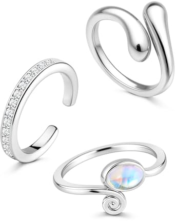 FANCH 3PCS Silber Zehenringe für Damen Hypoallergene Verstellbarer Band Tail Offene Minimalistische Träne Zirkon Mondstein Zehenringe Sommer Strand Fuß Schmuck Set Silber