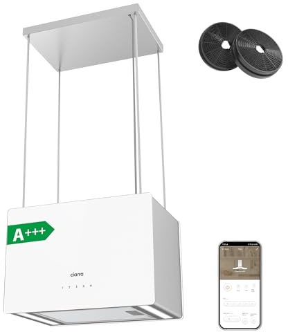 CIARRA CBCS4850 A+++ Inselhaube Umluft Dunstabzugshaube Insel Freihängend 48cm 700m³/h mit Smart App Touch Bedienung 3 Stufen Booster Inselabzugshaube CBCF003 Aktivkohlefilter Edelstahl Weiß Glas