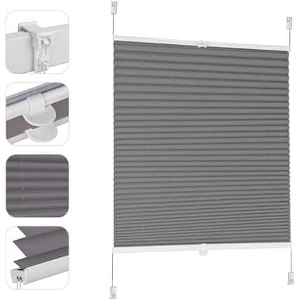 Sekey Plissee ohne Bohren Verdunkelung, Fenster Plissee Klemmfix Jalousie 100 cm breit, Verspannt Blickdicht Sonnenschutz Fensterollo, 100x120cm, Dunkelgrau