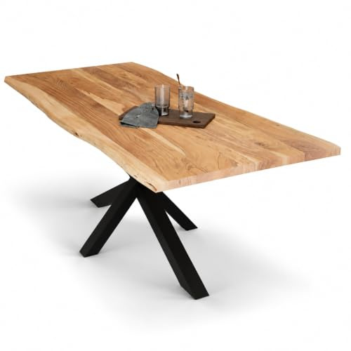 Liadomo Esstisch 240x100 Diala Natur, Spider-Gestell schwarz | Baumkante, Akazie Massivholz Tisch, 35 mm Tischplatte lackiert, Metallgestell, Robust & Pflegeleicht, bis zu 10 Personen