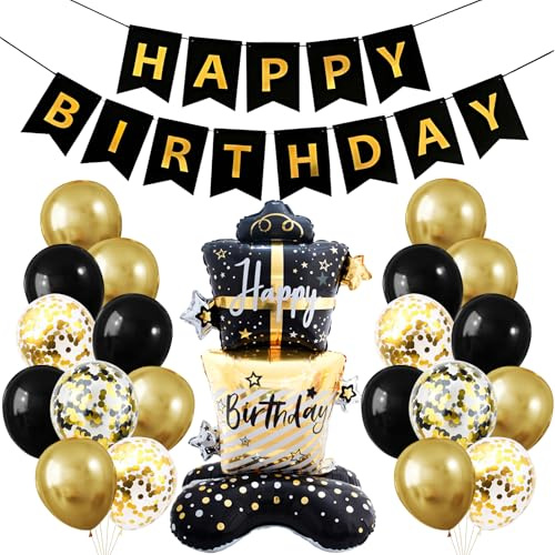 32-teilige Geburtstagsdekoration, Schwarz und Gold, Ballon schwarz und gold, mit Ballon schwarz und gold, Konfetti, Banner, Happy Birthday, Deko für Erwachsene und Kinder
