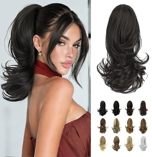 Sofeiyan Pferdeschwanz Haarteil,Haarteil mit Klammer,33 cm Zopf Extension | Langer lockiger Ponytail Extension,Synthetisches Pferdeschwanz-Extensions für Frauen,Dunkelstes Braun neigt zu Schwarz