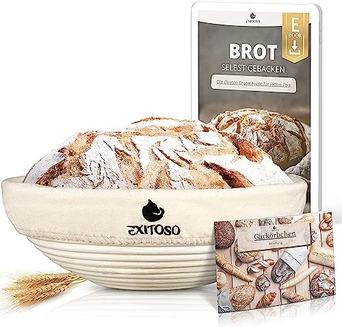 Exitoso Gärkörbchen rund 1kg aus Peddigrohr Ø25cm - Beige inkl. (E-Book Rezept, Leinentuch) - Brot backen mit Gärkörbchen Set - Gärkorb rund Banneton Brotbackzubehör Gärform - Garkörbe Brot Brotbacken