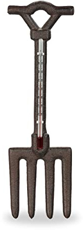 Relaxdays Außenthermometer analog, Gusseisen, Garten Thermometer Wand, antikes Mistgabel-Design, H x B: 30 x 9 cm, braun