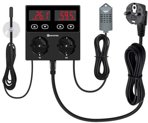 KETOTEK Thermostat Hygrostat Steckdose Digital, Temperaturregler Feuchtigkeitregler Steckdose mit 2 Fühler 230V, Temperatur Feuchtigkeit Regler für Gewächshaus Pilz Terrarium