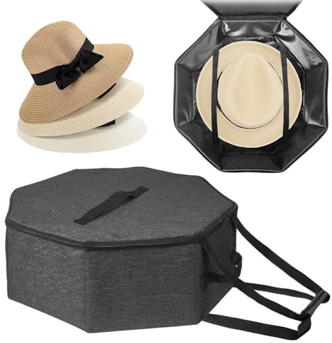 BOHEMIABY Hutschachtel Achteck mit Deckel, Faltbare Reise Hutbox, Stapelbar, Reißverschluss, Stabiler Griff, Hochwertiges Polyester, Hut Organizer Box für MäNner und Frauen 43 X 18 cm, Dunkelgrau