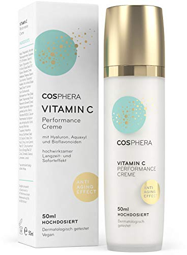 Cosphera® - Vitamin C Performance Creme 50 ml - mit Hyaluronsäure - vegane Tages- und Nachtcreme hochdosiert für Gesicht, Hals, Augen - Anti-Falten Feuchtigkeitsbehandlung für Frauen und Männer