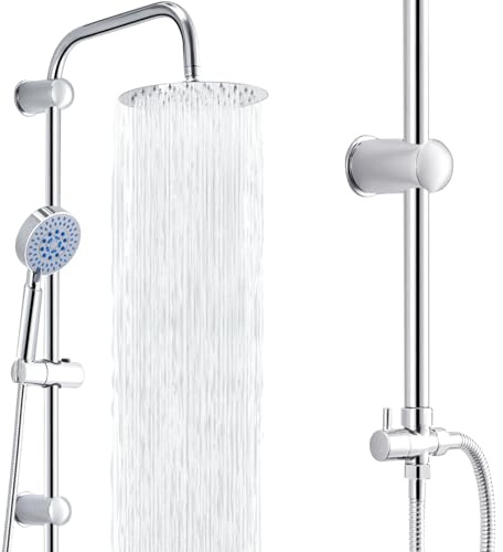 Trintion Regendusche Duschsystem 20 * 20cm Duschsets Duschstangen Duschmischer mit zwei Köpfen Verstellbare Kopfbrausen Duschköpfe Handbrausen-Sets mit Schlauch und Stange (Runden, Silber)