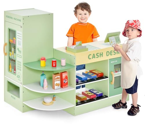GOPLUS Kinder Kaufladen, Supermarkt aus Holz, Kaufmannsladen mit mit Kasse, POS-Automat & Verkaufsautomat, Einkaufsladen Rollenspiele mit 15 Zubehör & Tafel für Kinder von 3-8 Jahren (Grün)