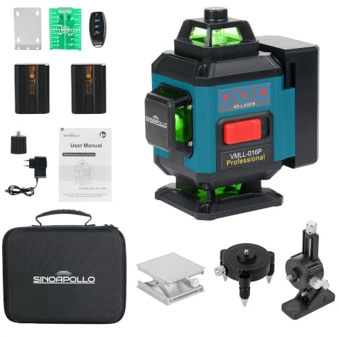 SinoApollo Kompakter 4D 16-Linien Laser Wasserwaage, Selbstnivellierend, 4x360 Grad Grüne Kreuzlinienlaser für Bauarbeiten und Bilderhängen, mit 2 wiederaufladbaren 5200 mAh Typ-C Batterien