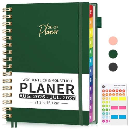EMSHOI A5 Kalender 2026 2027, 30-Min-Intervallen, Aug 26-Juli 27-Dunkelgrün | Terminplaner, Wochenplaner Notizbuch mit PVC-Cover, Stundenplanung, Monats-Register, Innentasche, für Büro, Schule